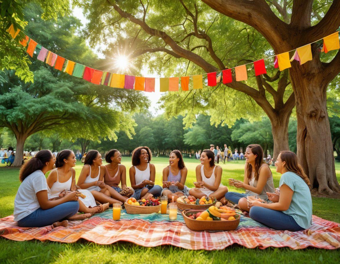 A warm, inviting scene of a diverse group of people engaging in a community gathering, exchanging smiles and hugs. Include elements like a shared picnic, colorful banners promoting unity, and a background of trees symbolizing growth. Capture the essence of affection and support through gentle lighting and joyful expressions. vibrant colors. super-realistic.