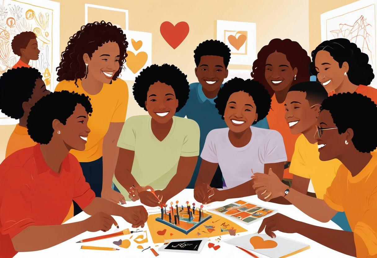 A collage illustrating strong connections in support services, featuring diverse individuals engaged in supportive actions: a mentor guiding a young person, a group of friends celebrating a small success, and community members collaborating on a project. Use warm colors and evoke feelings of unity and empowerment. include visual symbols of support like hearts and hands. vibrant colors. vector art.