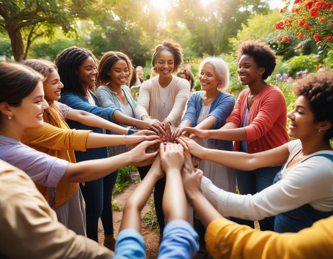 A diverse group of people holding hands in a circle, radiating warmth and connection, with a vibrant community garden in the background. Bright flowers, joyful expressions, and soft sunlight creating a welcoming atmosphere. Include symbolic elements like hearts and networks connecting them. super-realistic. vibrant colors. outdoor setting.